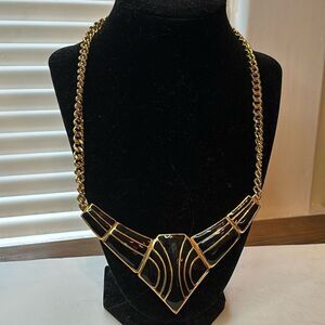 Gold Tone chain and black enamel bib Art Deco necklace 20”